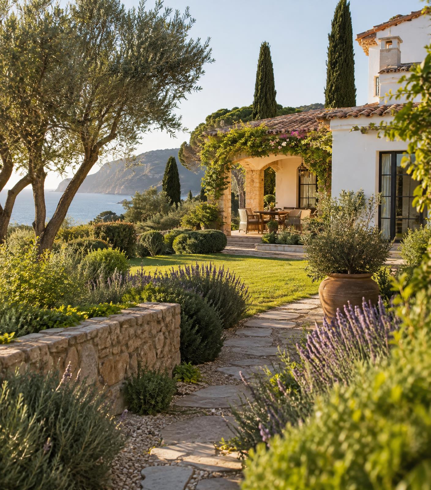 Jardín mediterráneo de una casa de piedra en la Costa Brava